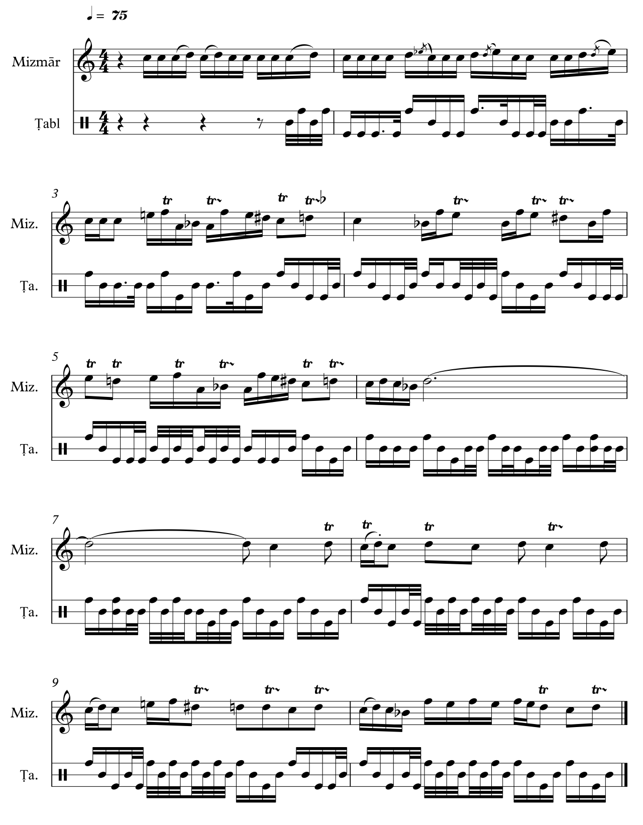 Figure 14. An extract from the recording number 239 of the Royl collection featuring a ṭabl wa-zamr ensemble (transcribed by the author).