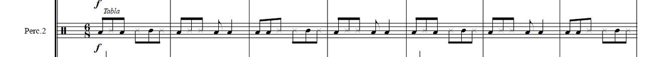 Figure 2. Andrés Rosales, La Suite, movement 2, excerpt from bars 98–104 (unpublished score, with kind permission by Andrés Rosales, all rights reserved).