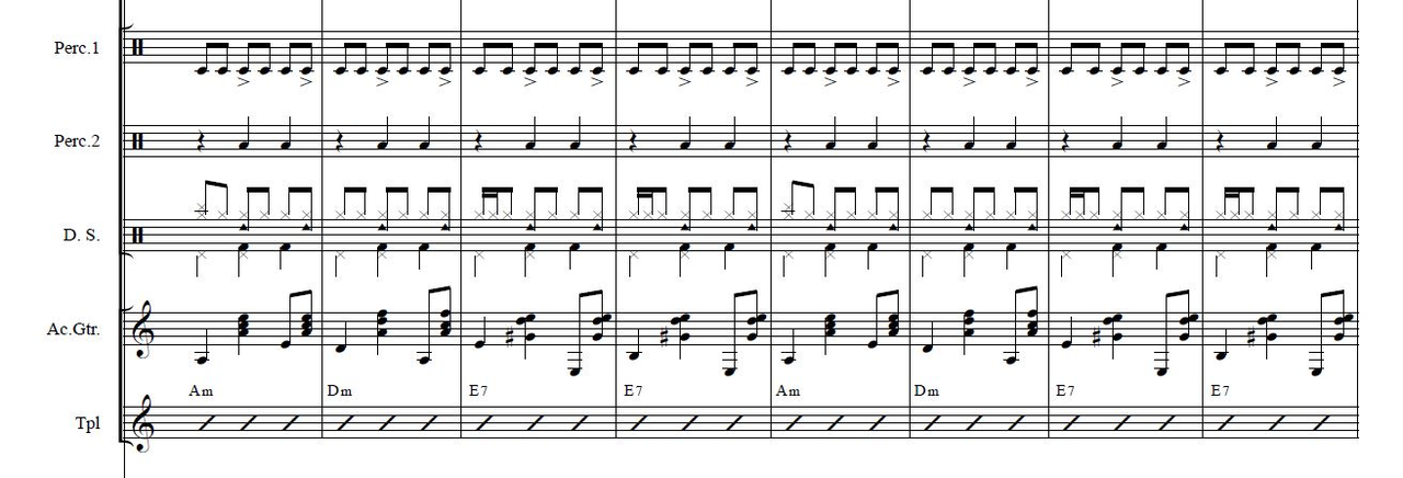 Figure 3. La Suite, Andrés Rosales, movement 4, excerpt from bars 303–310 (unpublished score, with kind permission by Andrés Rosales, all rights reserved).