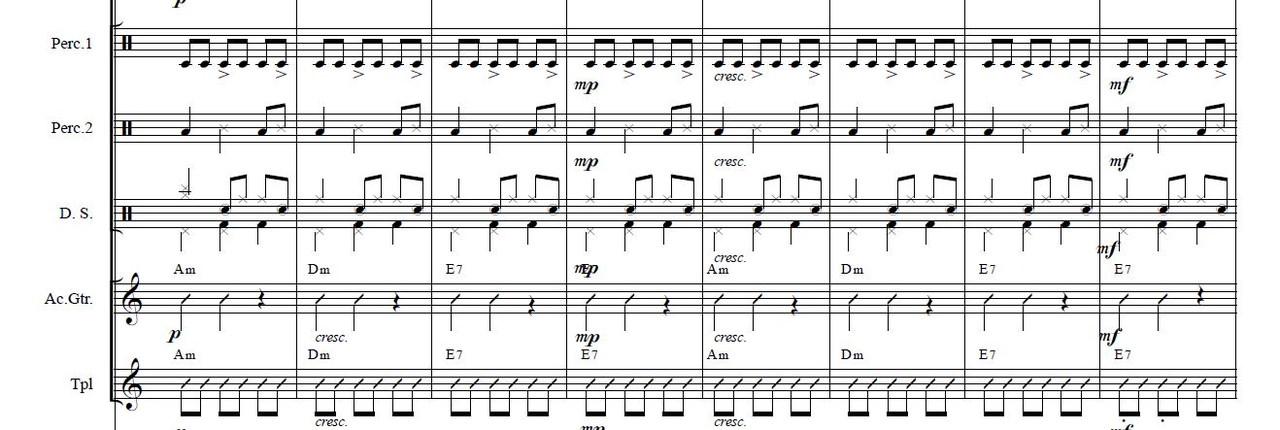 Figure 4. La Suite, Andrés Rosales, movement 4, excerpt from bars 417–424 (unpublished score, with kind permission by Andrés Rosales, all rights reserved).