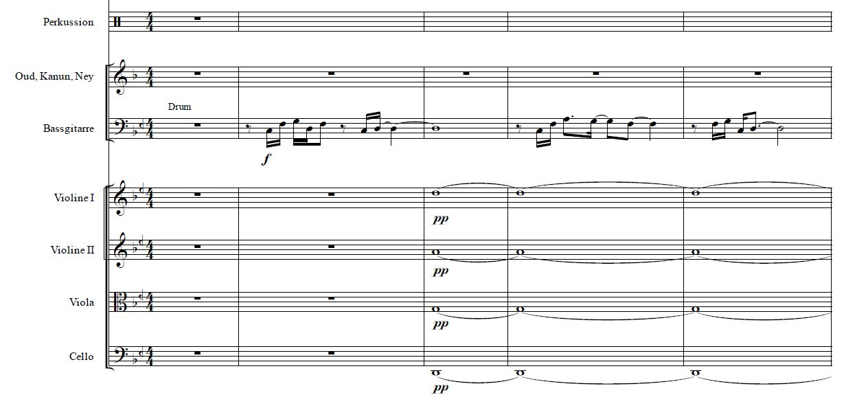 Figure 5. Zan, Rabie Azar, excerpt from bars 1–5 (unpublished score, with kind 
permission by Rabie Azar, all rights reserved).