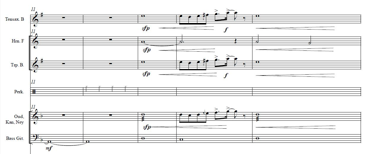 Figure 6. Zan, Rabie Azar, excerpt from bars 11–15 (unpublished score, with kind permission by Rabie Azar, all rights reserved).