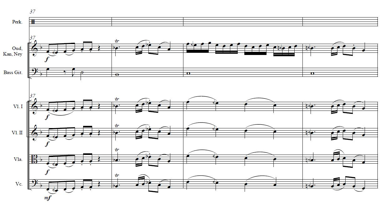 Figure 7. Zan, Rabie Azar, excerpt from bars 37–40 (unpublished score, with kind permission by Rabie Azar, all rights reserved).