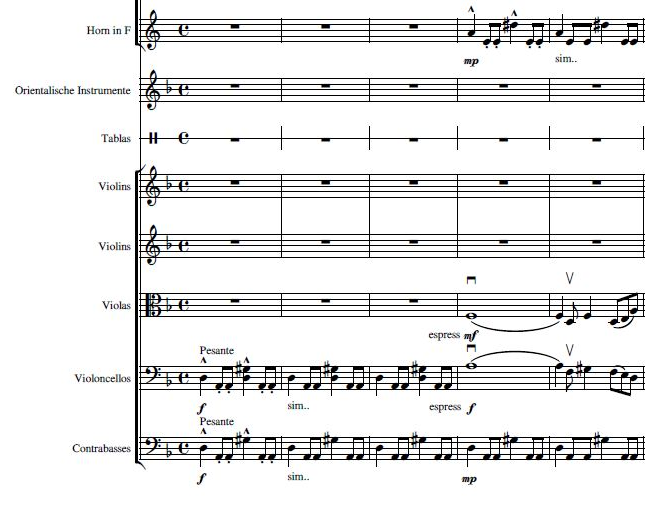 Figure 8. Anater, Rabie Azar, excerpt from bars 1–5 (unpublished score, with kind permission by Rabie Azar, all rights reserved).