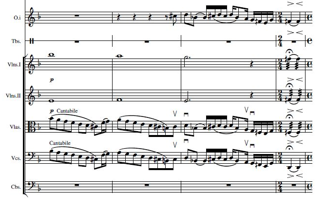 Figure 9. Anater, Rabie Azar, excerpt from bars 16–19 (unpublished score, with kind permission by Rabie Azar, all rights reserved).