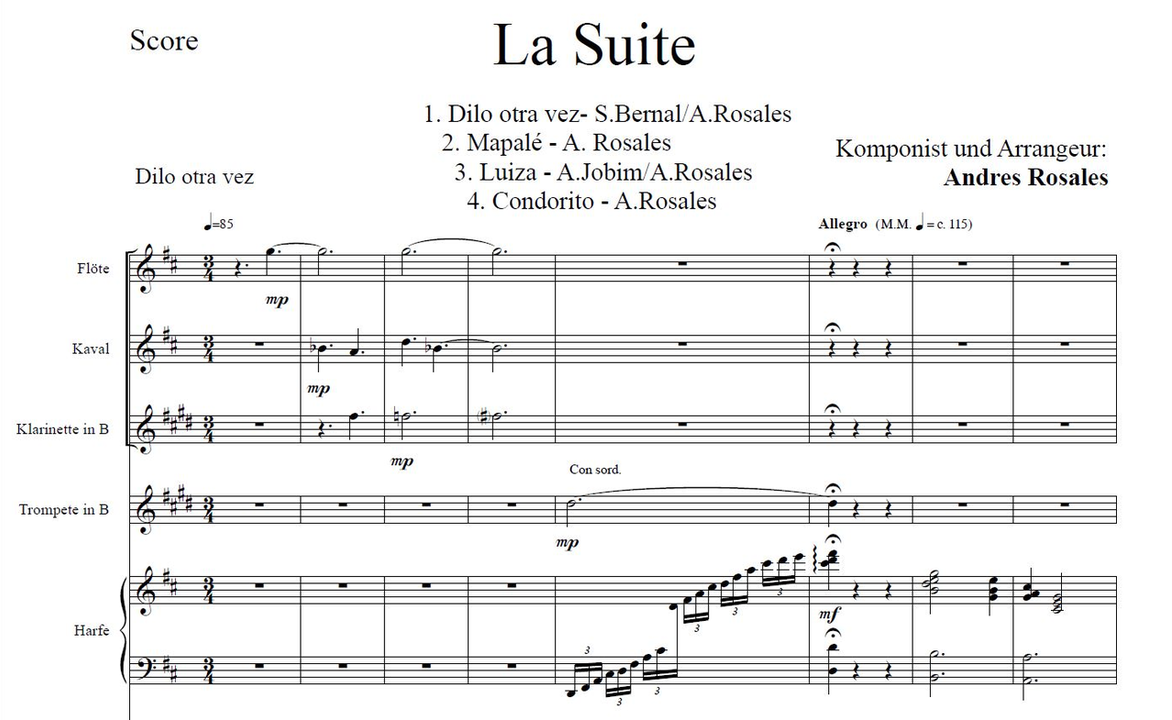 Figure 1. Andrés Rosales, La Suite, movement 1, excerpt from bars 1–8 (unpublished score, with kind per-mission by Andrés Rosales, all rights reserved).