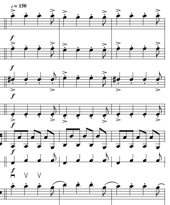 Figure 13. Anater, Rabie Azar, excerpt from bar 87, rhythm homophonic in all voices (unpublished score, with kind permission by Rabie Azar, all rights reserved.